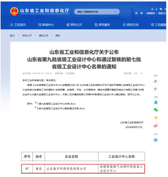 喜报｜山东泰开环保科技有限公司再添省级创新平台 成功获评山东省工业设计中心